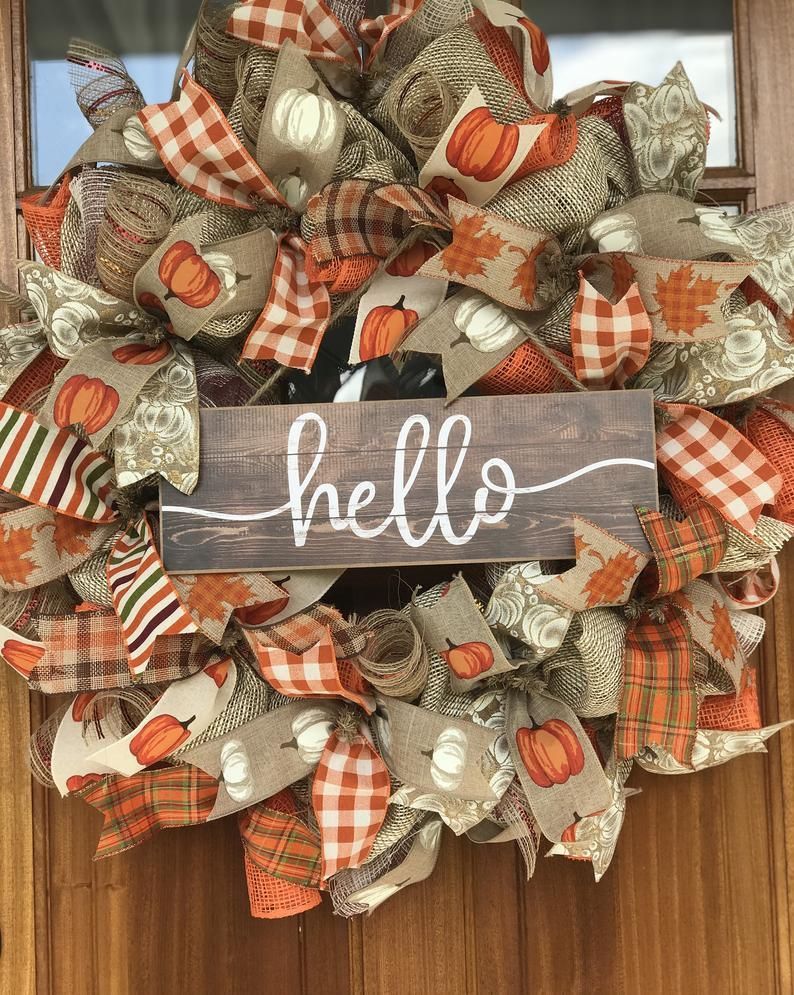 Hello Pumpkin welcome front door wreath hello wreath pumpkin | Etsy -   21 holiday Wreaths mesh ideas