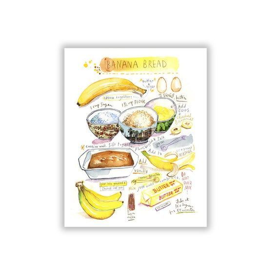 Banana Bread recipe print, Yellow kitchen decor, Watercolor painting, Food poster, Bakery artwork, C -   14 cake Illustration banana bread ideas