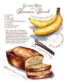 Custom recipe artwork , favorite family recipe, Culinary art, recipe art, family recipes, heirloom art piece -   14 cake Illustration banana bread ideas