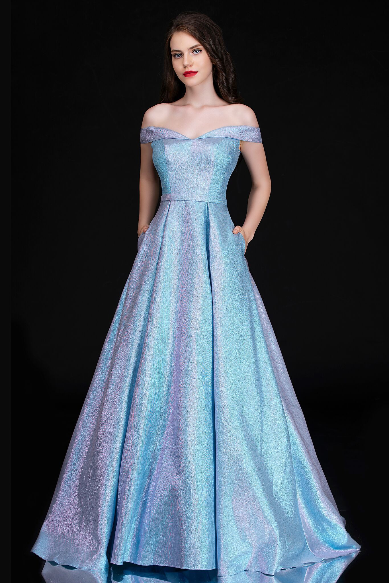 Nina Canacci 6524 Long Iridescent Shimmer off the shoulder ballgown Prom Dress -   17 dress Blue neckline ideas