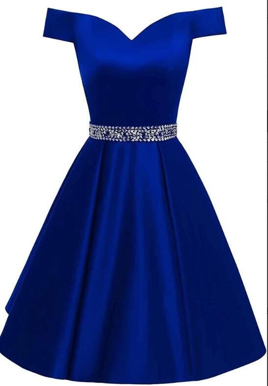 Blue Short Satin Prom Dress 2020, Beaded Blue Homecoming Dress -   17 dress Blue neckline ideas