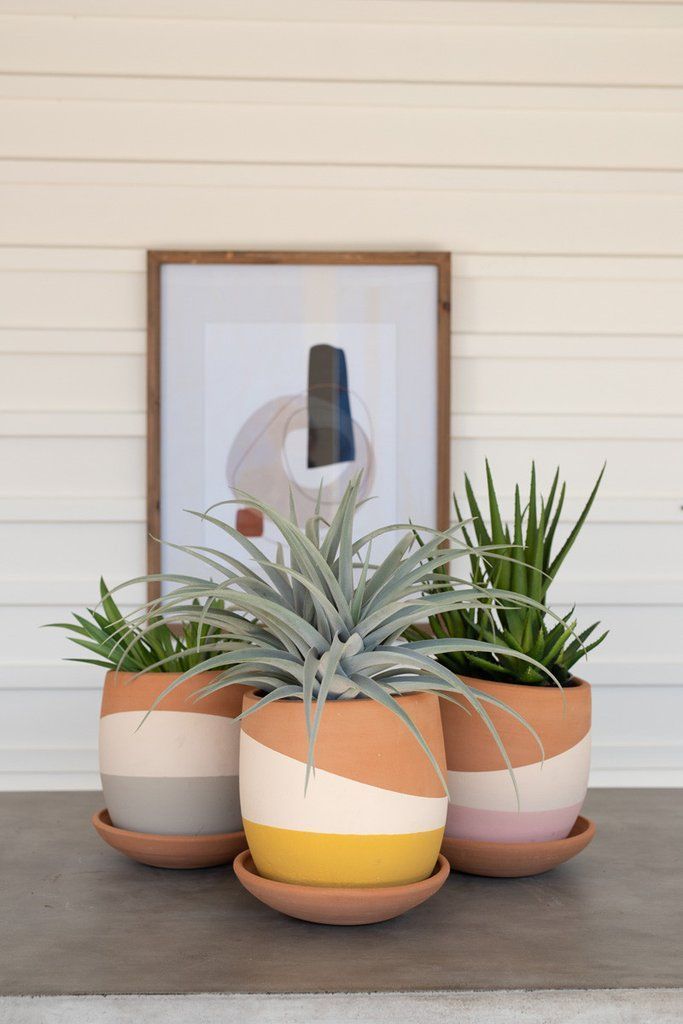 Kalalou Set Of Three Double Dipped Clay Pots With Clay Sauciers -   17 potted plants design ideas