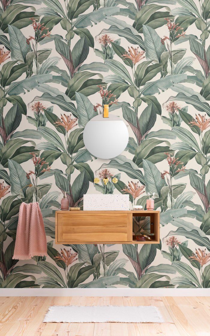 Tropical Chic Wallpaper | Peach & Green Design | MuralsWallpaper -   18 plants Wallpaper bathroom ideas