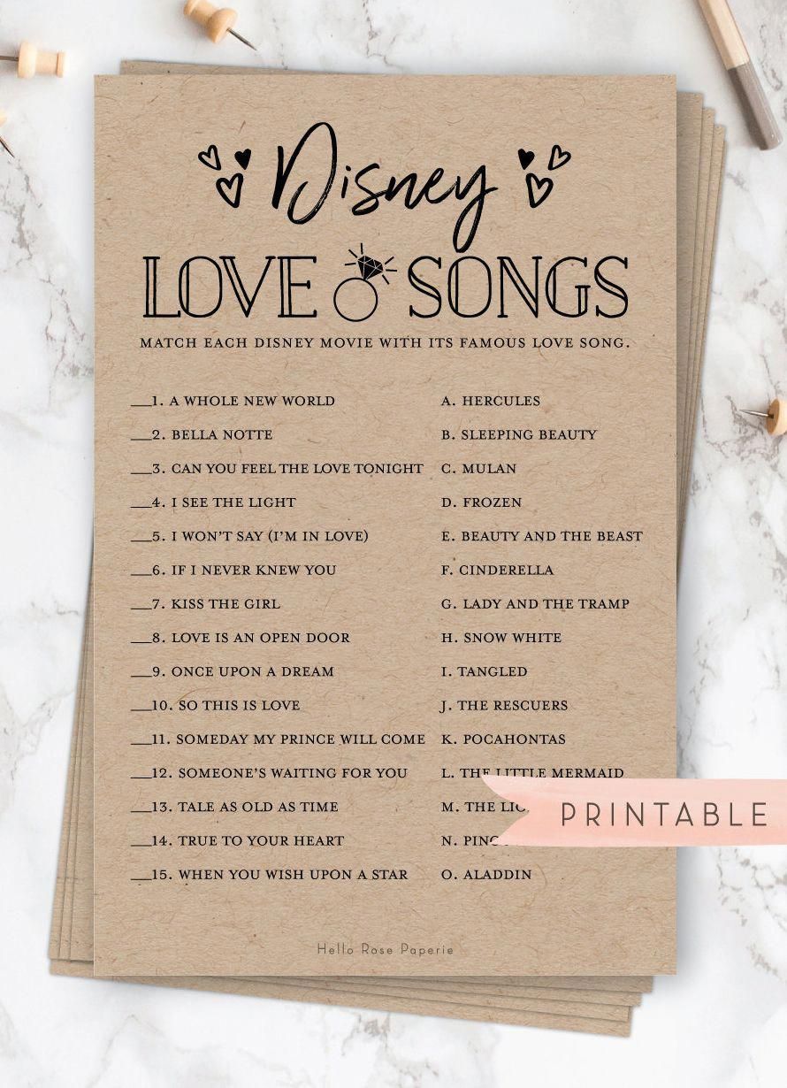 Disney Love Songs Trivia Virtual and Printable Bridal Shower Game . Wedding Shower . Rustic Kraft + Black / White . Instant Digital Download -   19 disney wedding ideas