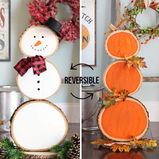 Wood Slice Pumpkins and Snowman -   19 fall decor ideas