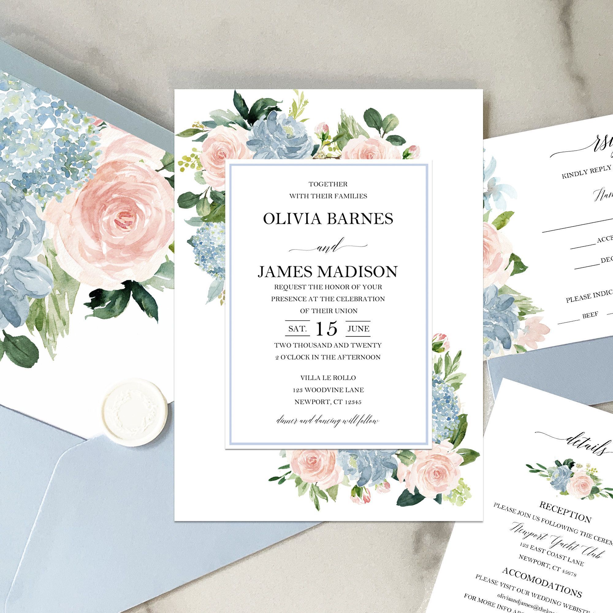 Blue and Blush Wedding Invitations Suite Engagement Party Couples Shower Rehearsal - Blush and Blue Floral Olivia Collection -   19 wedding Blue simple ideas