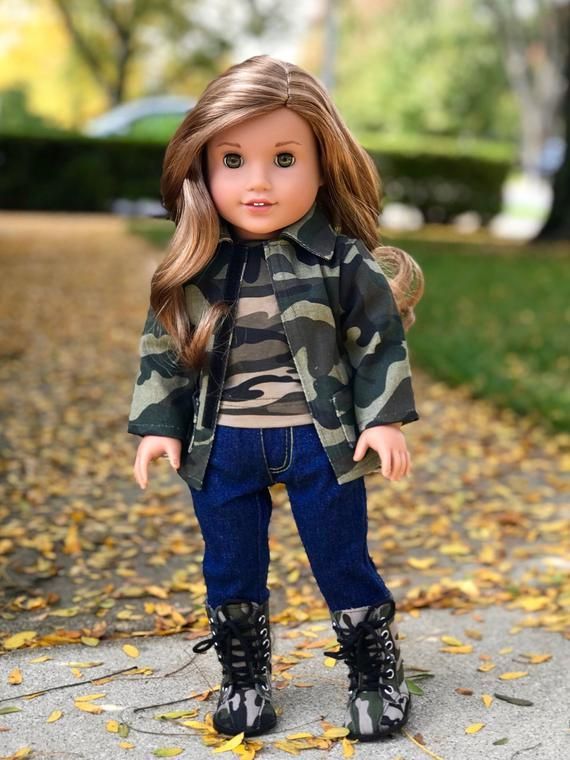 Military Style - Doll Clothes for 18 inch American Girl Dolls - 4 Piece Doll Outfit - Camouflage Jacket, T-shirt, Jeans and Camouflage Boots -   DIY Clothes Jacket girl dolls