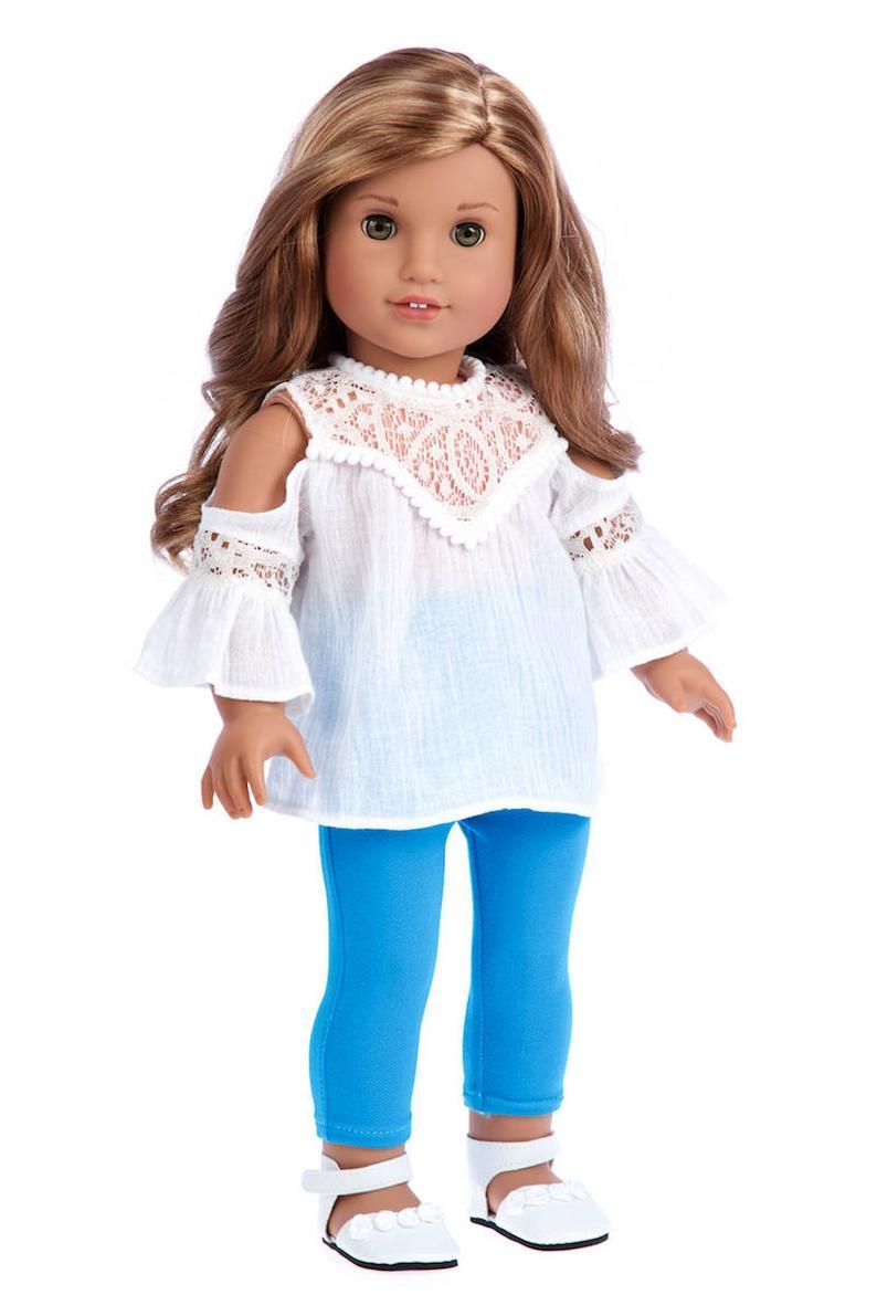 Trendy Girl - Doll Clothes for 18 Inch Dolls - 3 Piece Doll Outfit - White Cotton Blouse, Turquoise Leggings and White Shoes -   DIY Clothes Jacket girl dolls