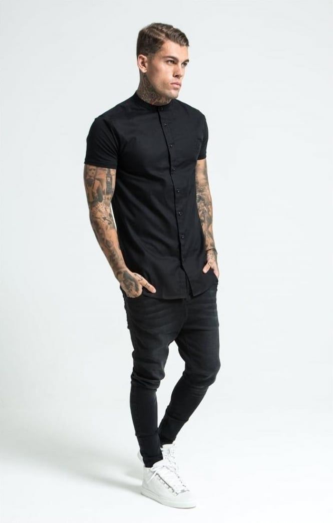 SikSilk SikSilk Grandad Collar Jersey Sleeve Fitted Shirt – Black -   18 style Street masculino ideas