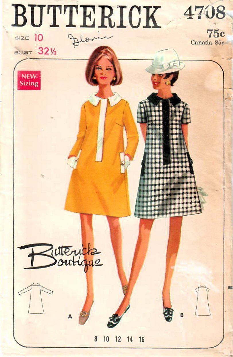 1960s Butterick 4708 Vintage Sewing Pattern Misses A-line Dress, Boutique Dress Size 10 Bust 32-1/2 -   60s style Dress