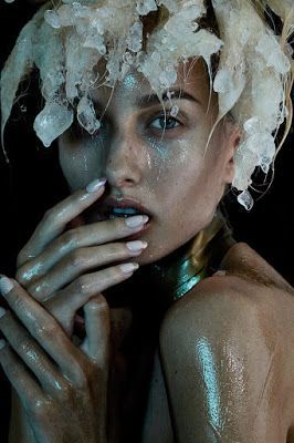 Glitter Face Neon Colored Powder Gold Leaf Textured Edgy Editorial Creative Makeup Iceicle Hair Beauty Editorial with model Cris Stamboroski -   beauty Editorial gold