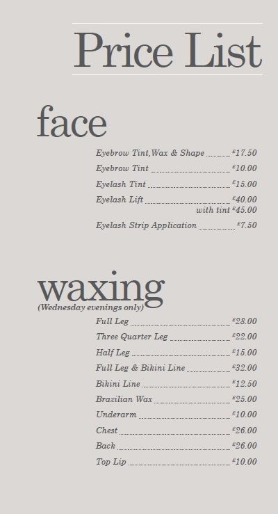 1984's Beauty Therapy Salon and Licensed Wine Bar, Price List -   beauty Therapy design