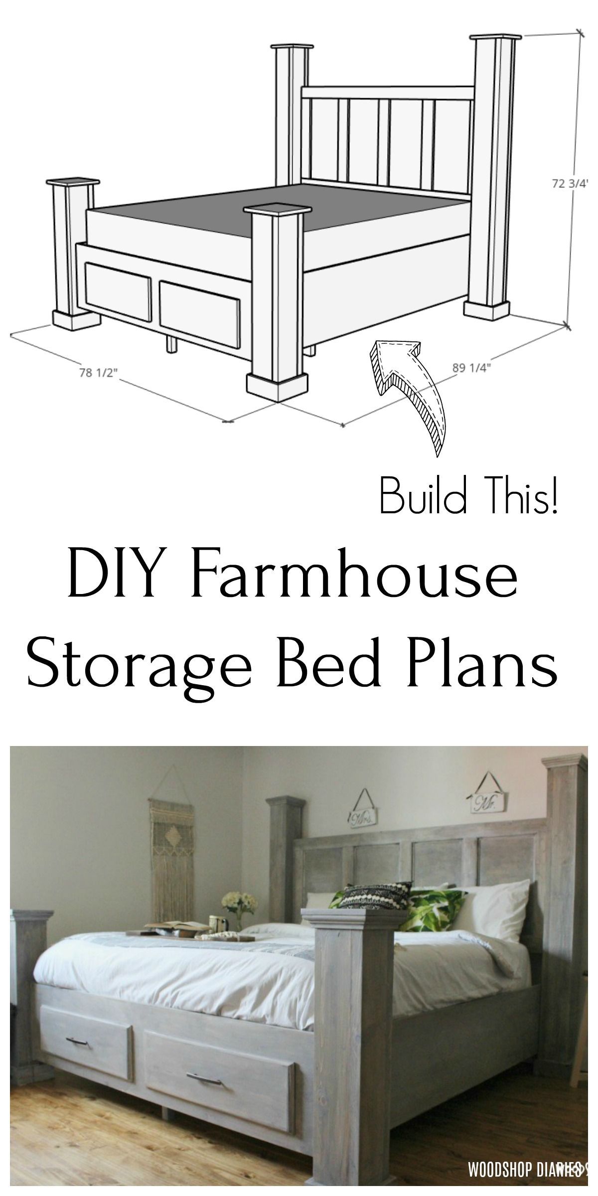 DIY Farmhouse Storage Bed Frame Plans -   diy Bed Frame with storage