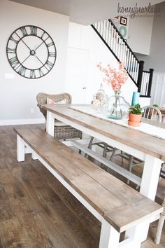 DIY Farmhouse Table and Bench - Honeybear Lane -   diy Interieur tafel