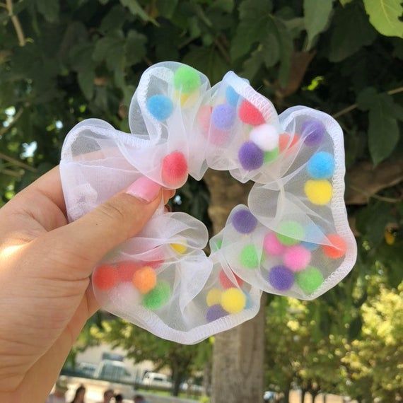 Rainbow Pom Pom Hair Scrunchie, Gifts For Her, Letterbox Gift, Hair Tie, Summer -   diy Scrunchie thick