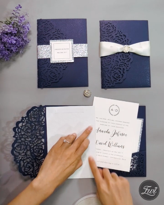 elegant navy blue rose laser cut pocket wedding invitations with glitter belly bands and tags EWWS189 as low as $2.80 -   diy Wedding elegant