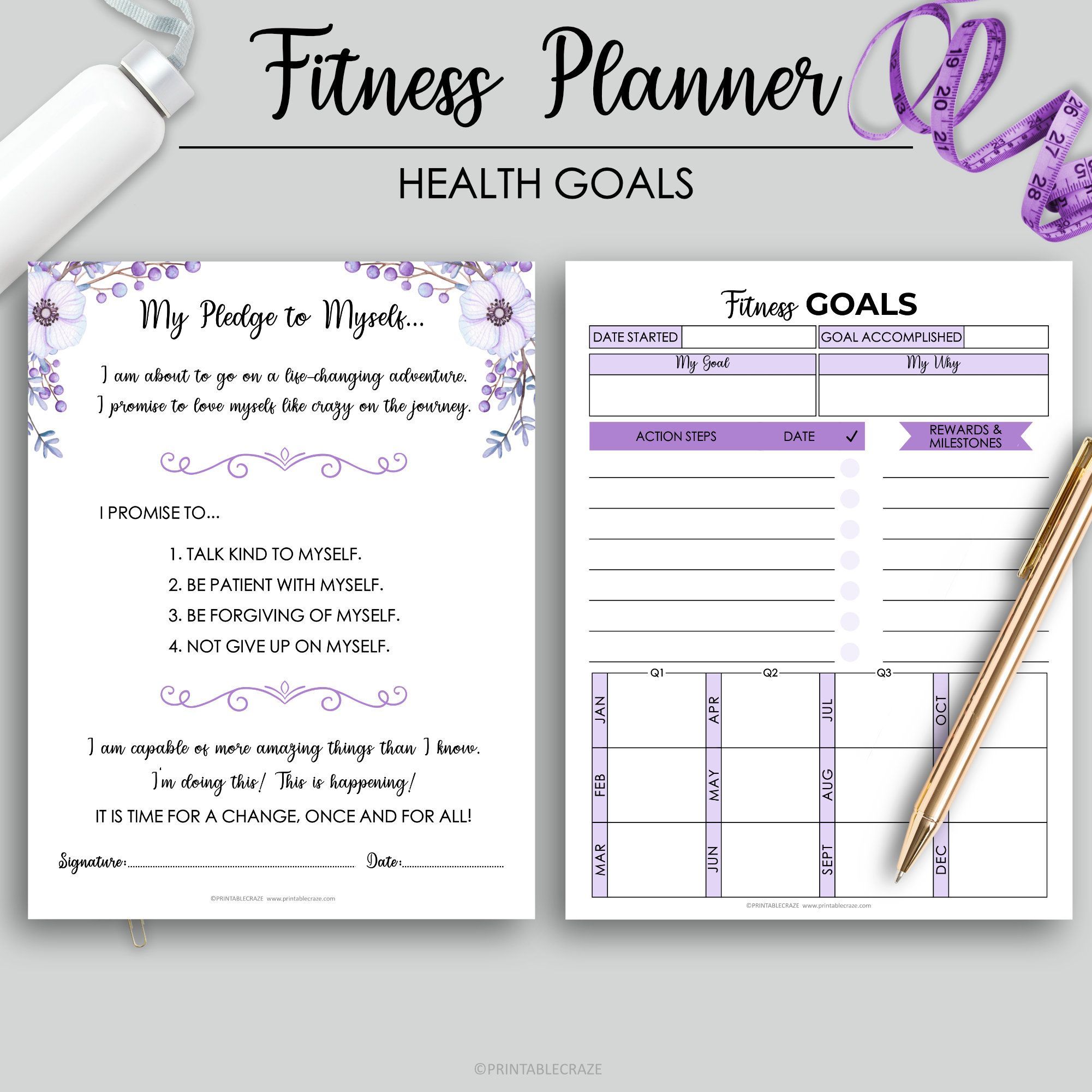 Fitness Planner Printable Weight Loss Health Planner Fitness Journal Workout Log Food Diary Calorie Tracker Daily Weight Loss Step Tracker -   fitness Planner pages