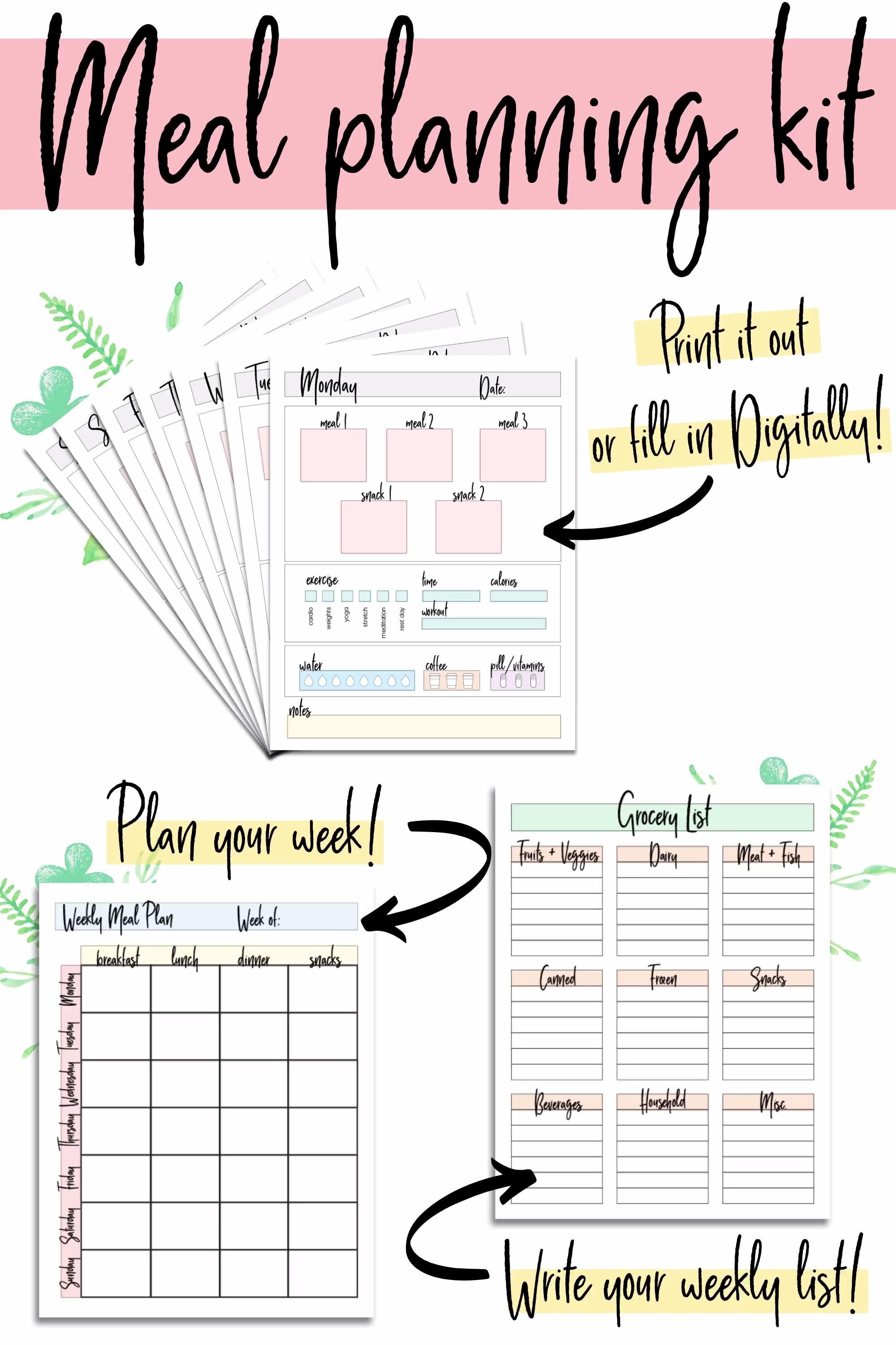 Weekly Meal Planner Printable ~ Daily Meal Planner PDF ~ Health Planner ~ Fitness Planner Template -   fitness Planner pages