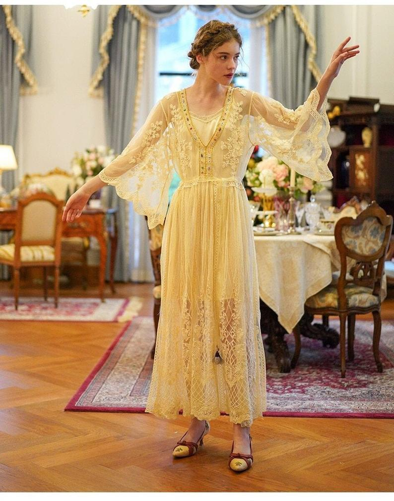 Fairy Romantic Vintage Lace Dress | Exquisite Lace Dress | Weeding 20s Dress | Flare Sleeve Dress | Victorian Dress | Maxi Dress | Loose -   style Romantic dress
