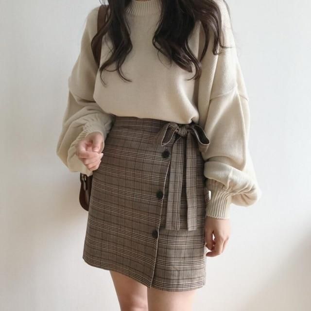 Casual Mini Plaid Skirt Women  Summer New Korean Bow Striped Cotton... -   17 korean style Women ideas