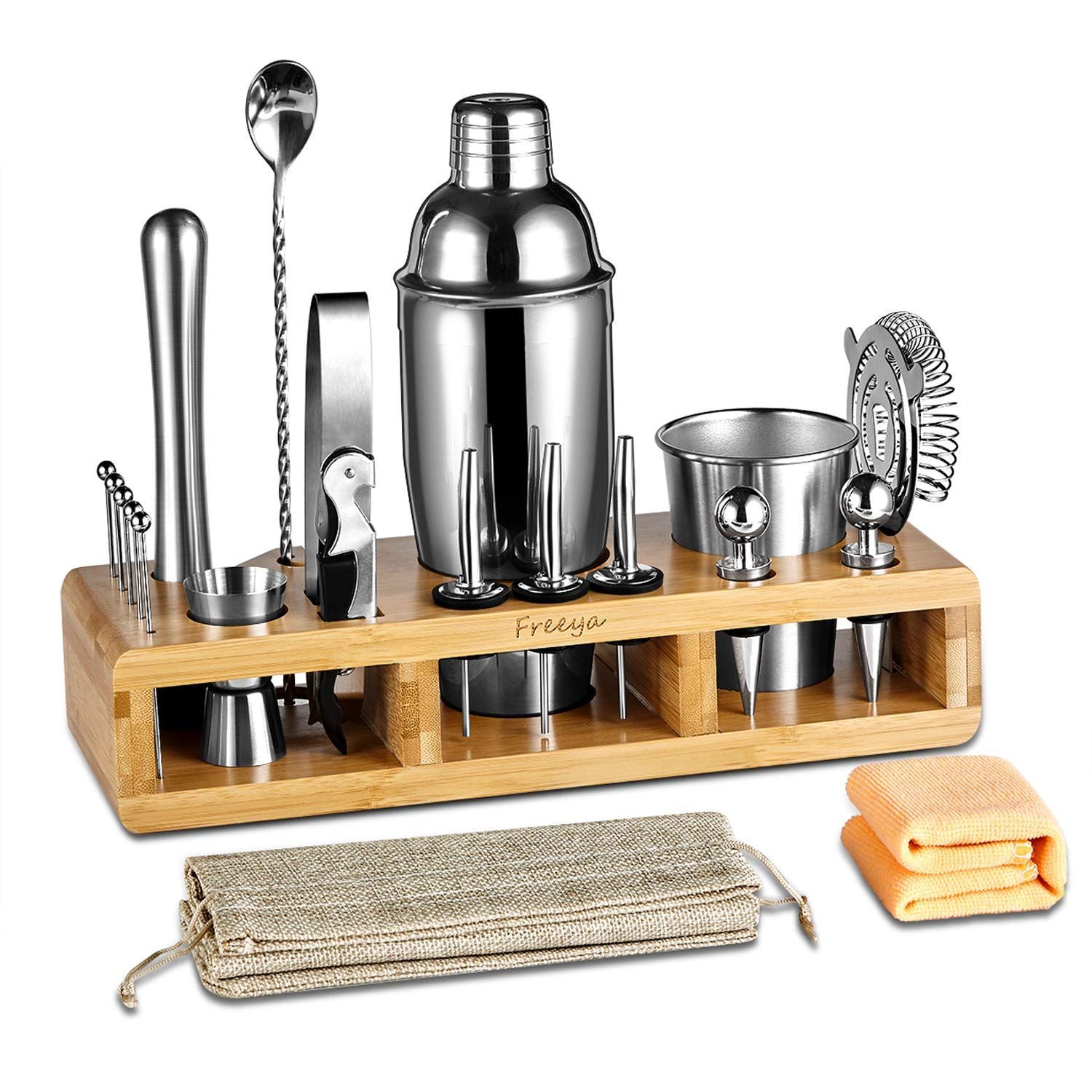 Complete 21-Pieces Bartender Kit, Freeya Premium Cocktail Bar Shaker Set , Stainless Steel Bar Tools / Bar Accessories -Beautiful Cocktail Shaker Set with Bamboo Stand, Storage Bag and Towel -   18 beauty Bar tool ideas