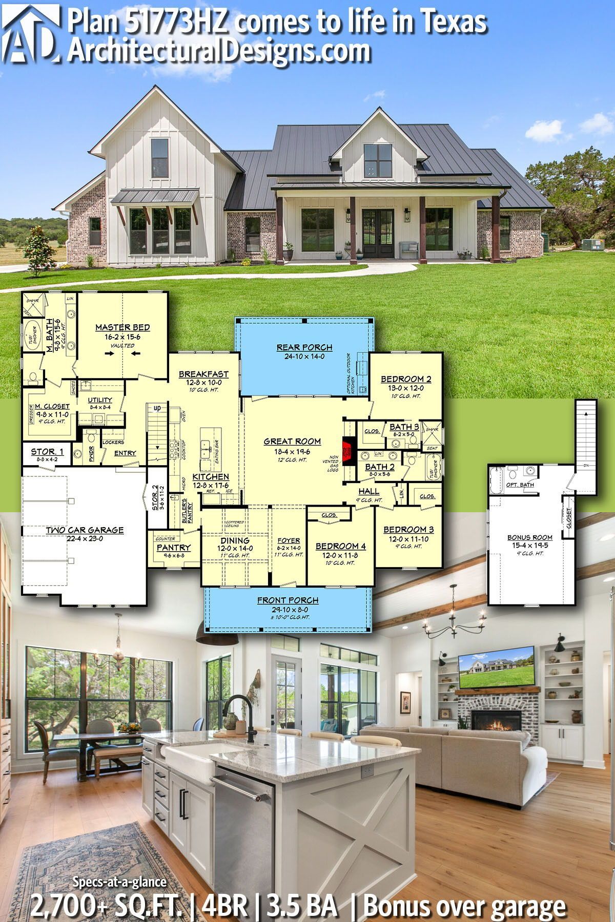 Plan 51773HZ: 4-Bed Modern Farmhouse with Bonus Over Garage -   19 diy House blueprints ideas