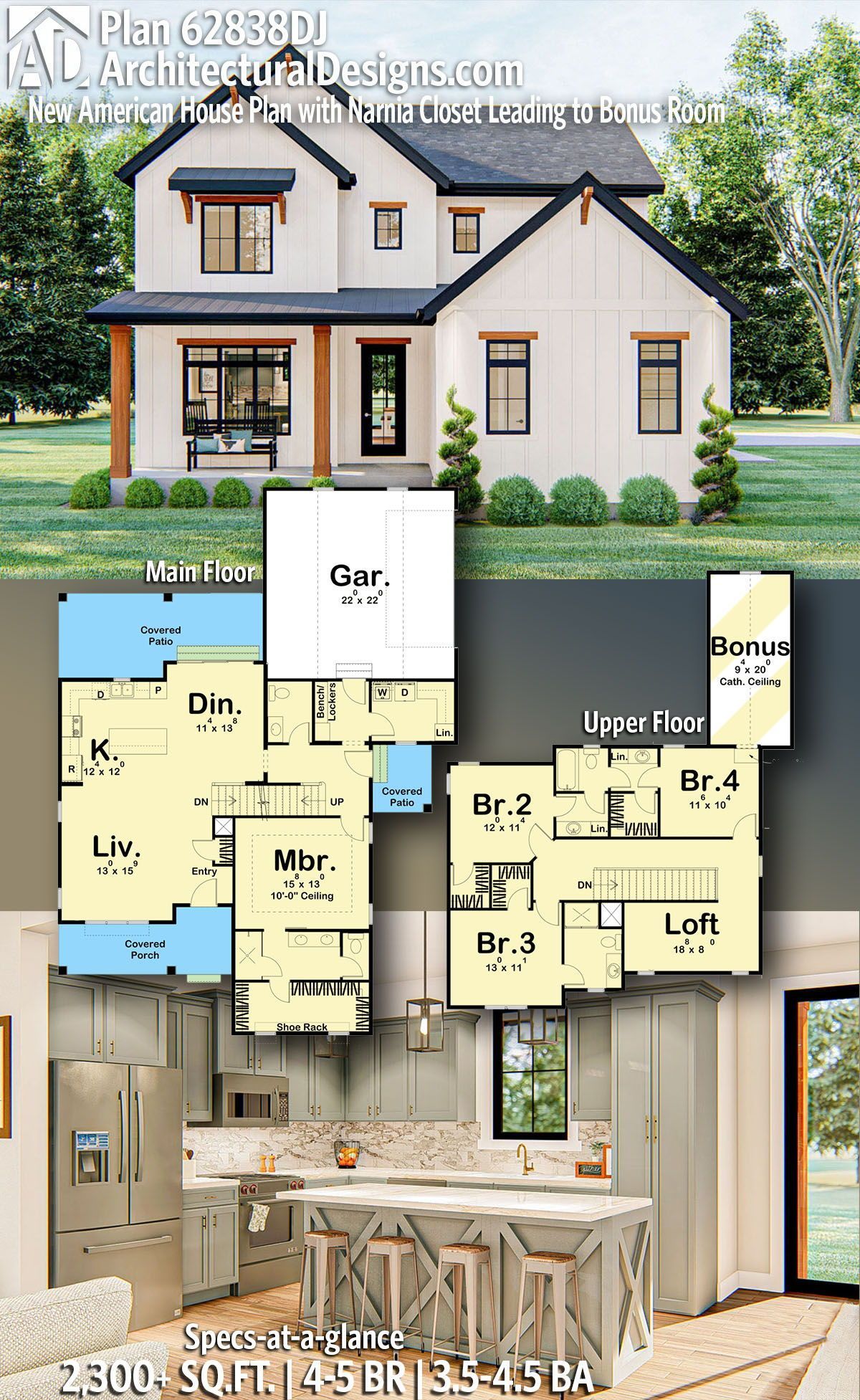 American Farmhouse Plan 62838DJ: New American House Plan with Narnia Closet Leading to Bonus Room -   19 diy House blueprints ideas