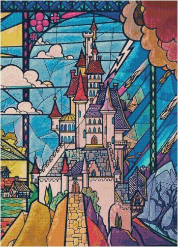 DISNEY BEAUTY AND THE BEAST STAINED GLASS CASTLE CROSS STITCH PATTERN PDF ONLY -   17 beauty And The Beast castle ideas