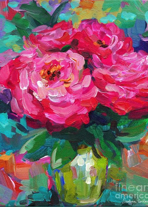 Vibrant Peony flowers in a vase still life painting Greeting Card for Sale by Svetlana Novikova -   17 beauty Life painting ideas