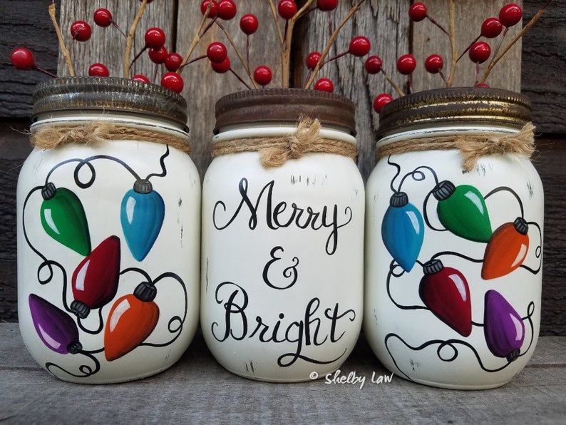 Set Of Three Hand-Painted Merry And Bright Pint-Sized Mason Jars, Painted Mason Jars, Christmas Decor, Christmas Jars -   17 fabric crafts christmas mason jars ideas