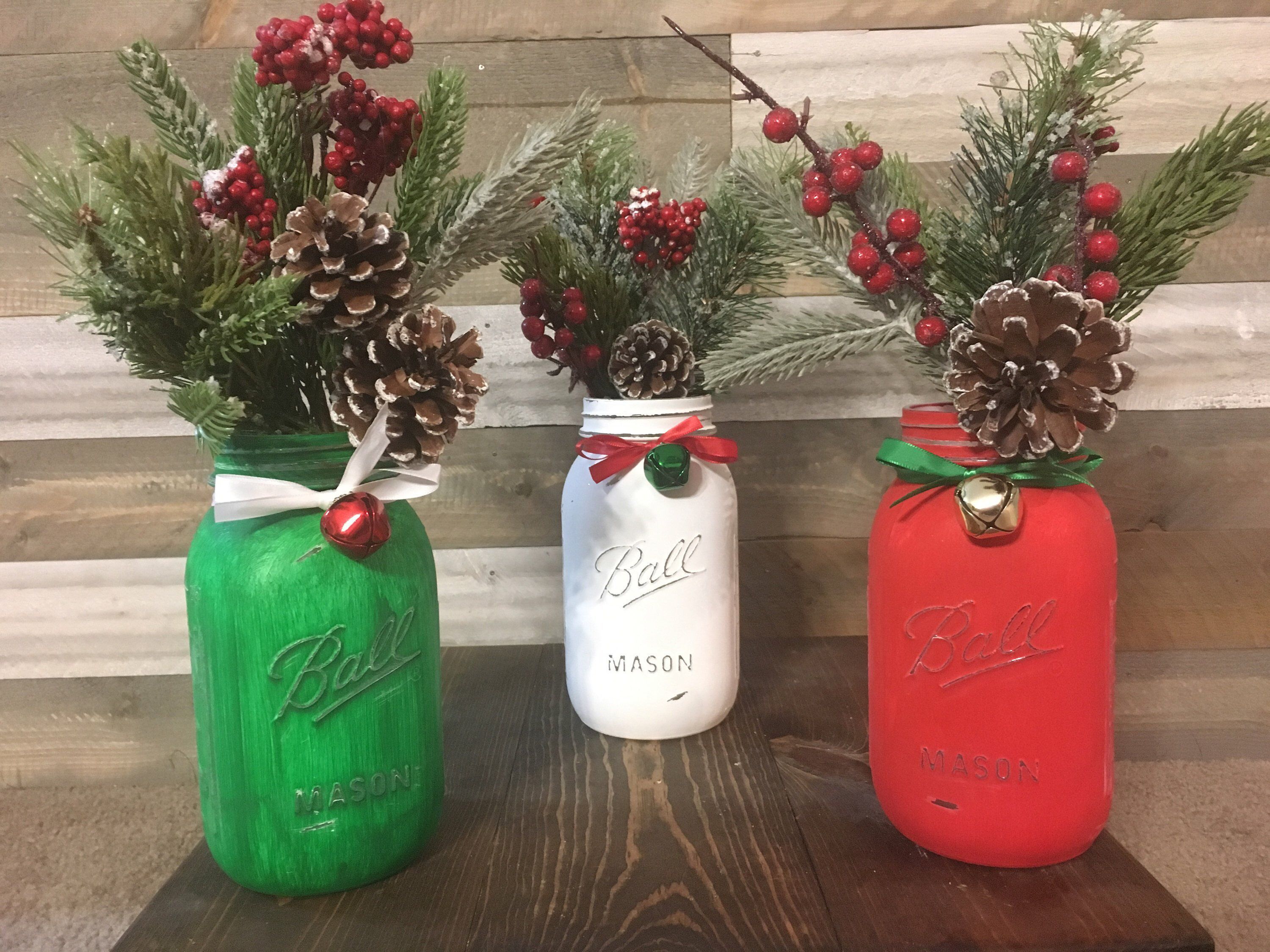 Set of 3 Quart Size Ball Painted and Distressed Mason Jars. Farmhouse Red, Vegas Green, Linen White. Christmas Table Decoration with bells -   17 fabric crafts christmas mason jars ideas