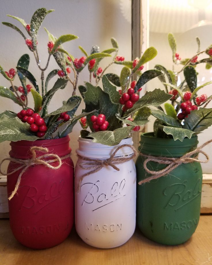 Christmas Mason Jar centerpiece. Christmas Decorations. | Etsy -   17 fabric crafts christmas mason jars ideas