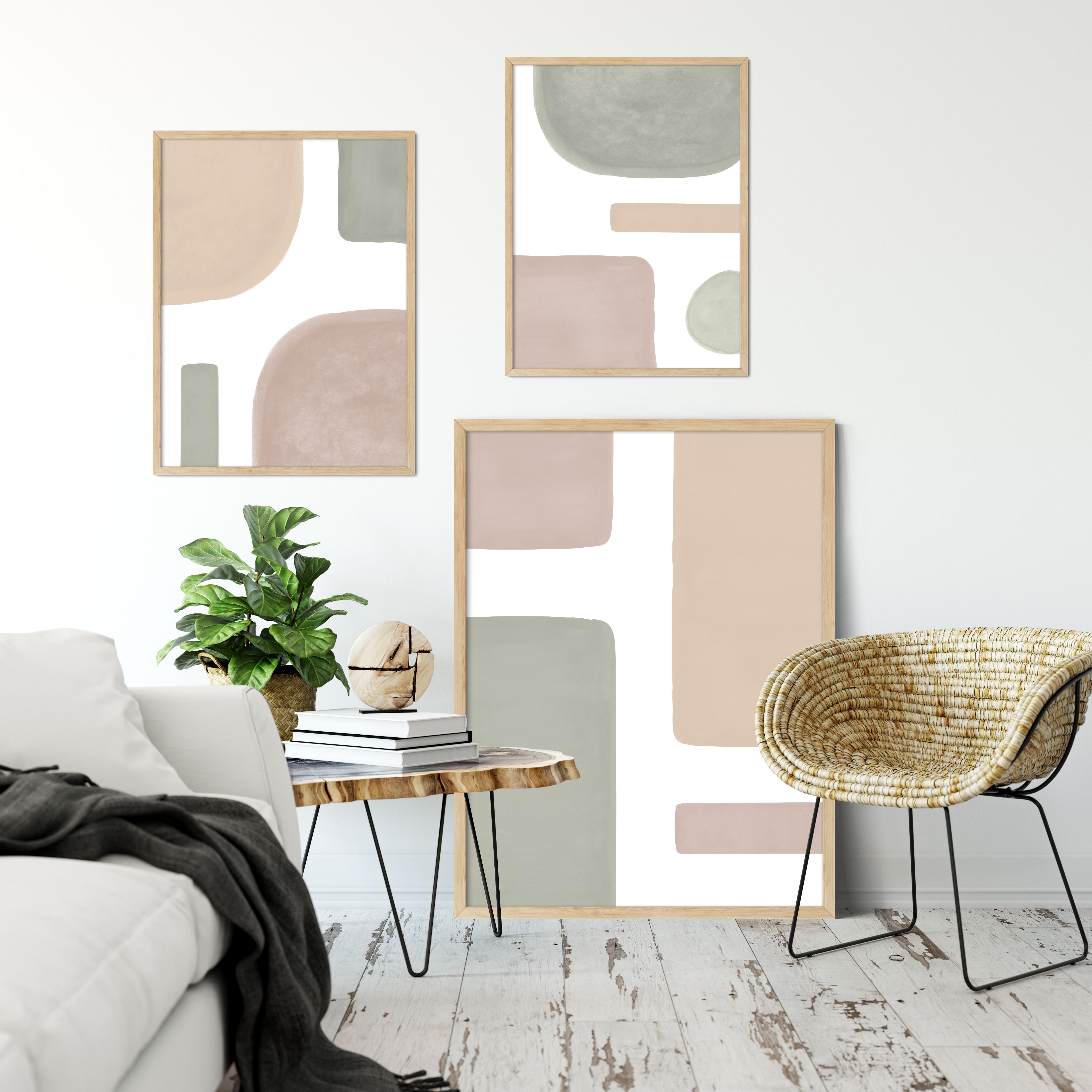 Set of 3 Abstract Prints, Neutral Tones Wall Art, Mid Century Modern Art, Printable Wall Art -   17 sage green living room walls ideas
