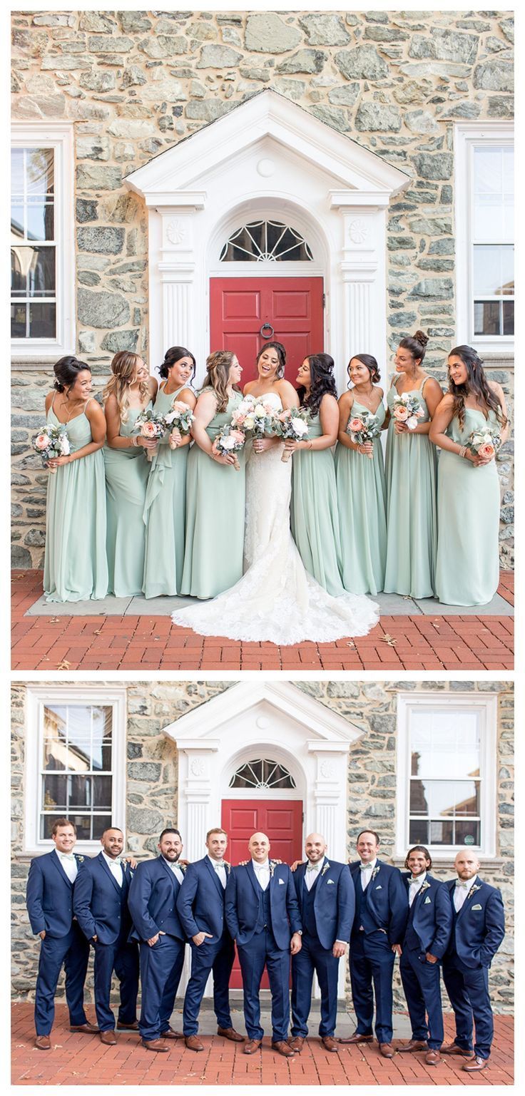 Light Green Bridesmaid Dresses and Navy Groomsmen | Penn Oaks Golf Course Wedding | Jess and Brian m -   17 sage green wedding party ideas