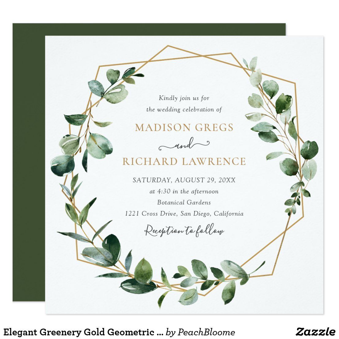 Elegant Greenery Gold Geometric Frame Wedding Invitation | Zazzle.com -   17 sage green wedding party ideas
