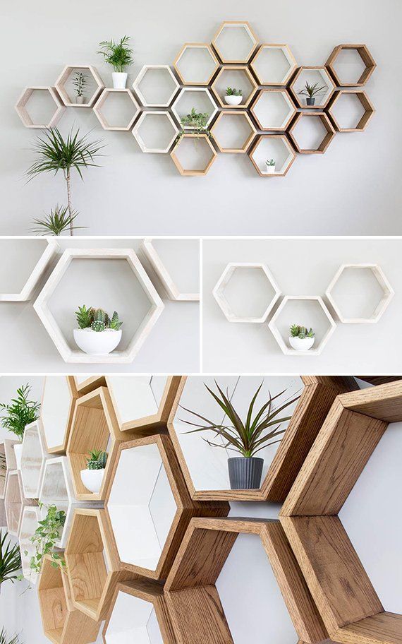 Rustic White Hexagon Wall Shelf in Solid Oak | Rustic White Oak Honeycomb Shelf | Hexagon Shelf -   18 diy projects for the home cheap ideas