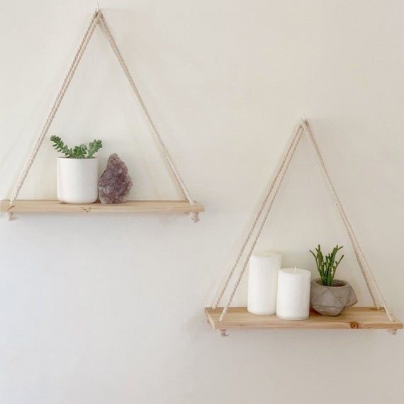 Hanging Shelves [Set of 2] Distressed Wood Hanging Shelf with Hooks | Wall Rope Shelves | Triangle Swing Shelfs | Farmhouse Rustic Decor -   18 home decor diy crafts bedrooms ideas