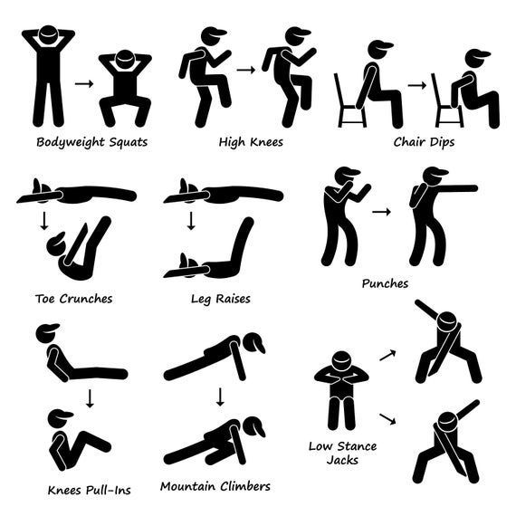 Body Gym Workout Exercise Fitness Training Squats High Knees Chair Dip Leg Crunches Punches Mountain -   24 fitness Training squat ideas