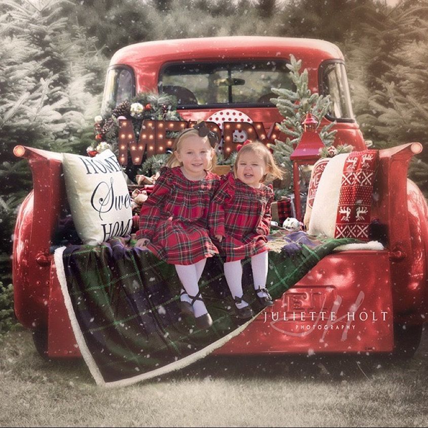 Vintage Christmas Truck - Christmas Truck in Tree Farm - with Free Snow Overlay Holiday Family JPG Digital Background Backdrop -   16 christmas photoshoot family outdoor barn ideas