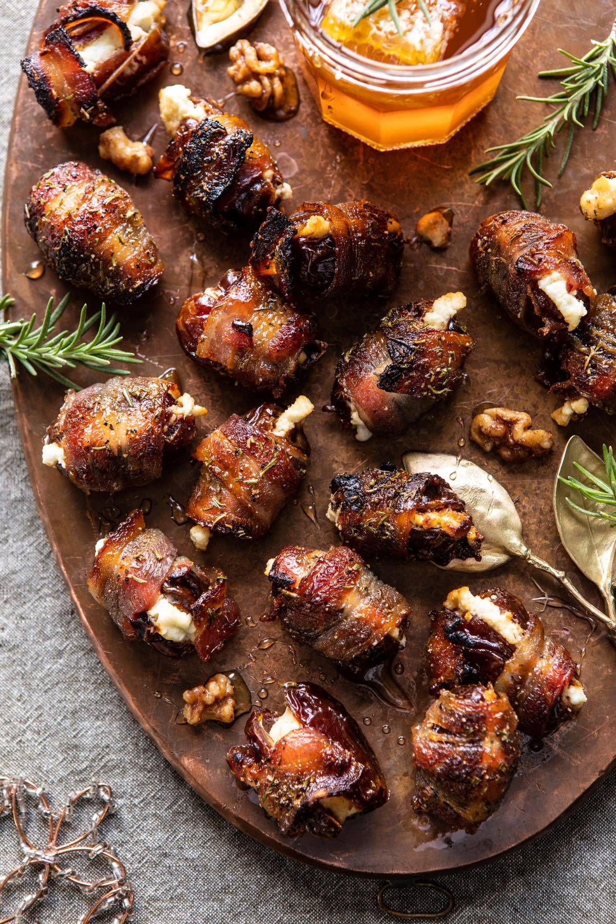 Goat Cheese Stuffed Bacon Wrapped Dates with Rosemary Honey. - Half Baked Harvest -   17 thanksgiving appetizers ideas