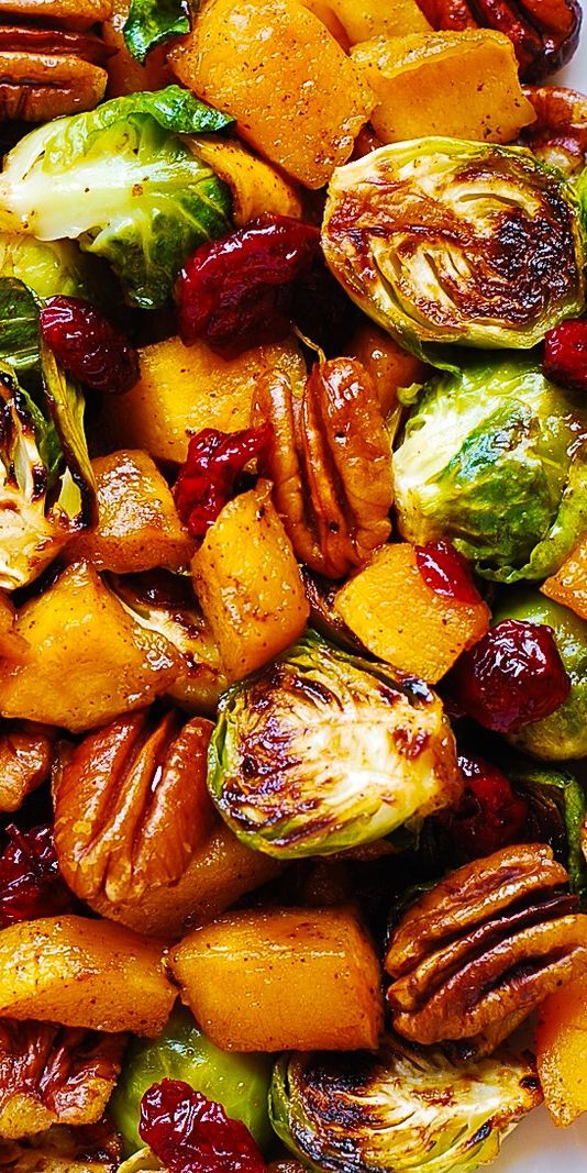 Thanksgiving Side Dish: Roasted Butternut Squash and Brussels sprouts with Pecans and Cranberries -   19 easy sides for thanksgiving dinner ideas