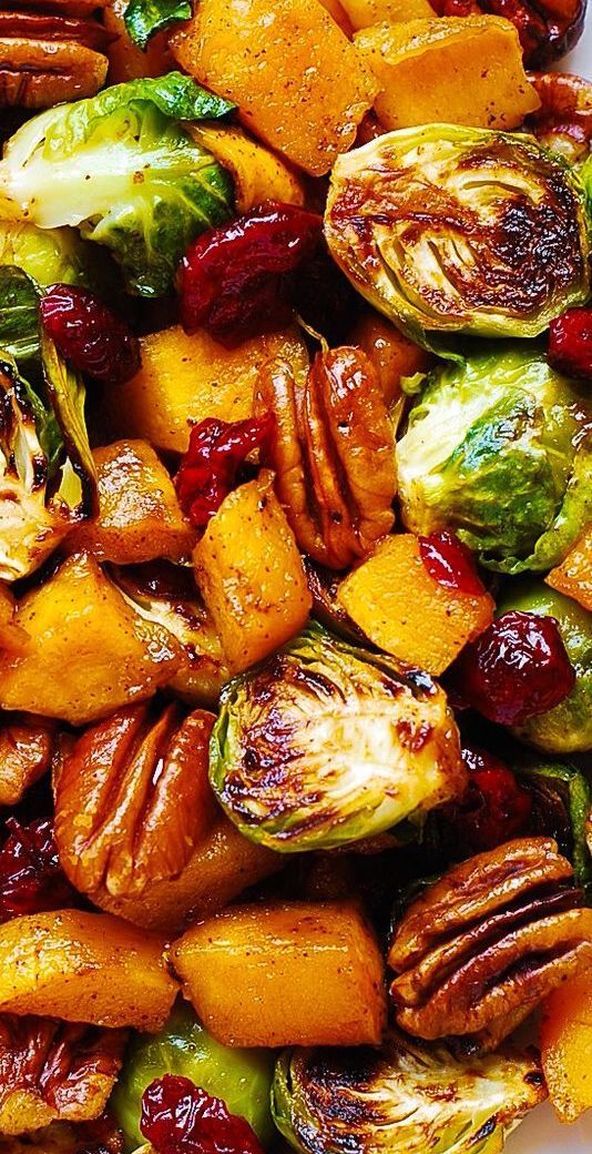 Thanksgiving Side Dish: Roasted Butternut Squash and Brussels sprouts with Pecans and Cranberries -   19 thanksgiving recipes side dishes healthy ideas
