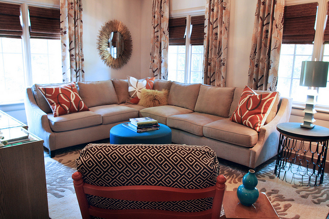 teal and rust living room