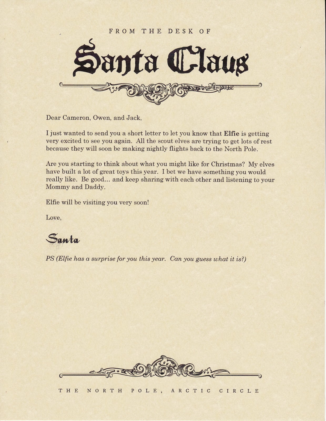 Letter from santa (north pole stationary printable) announcing elf