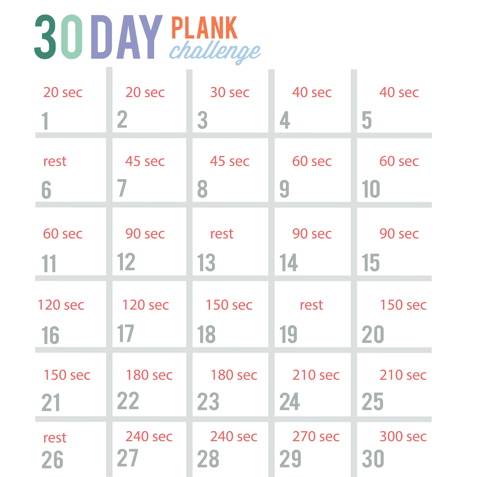 30 Day Plank Challenge FREE PRINTABLE